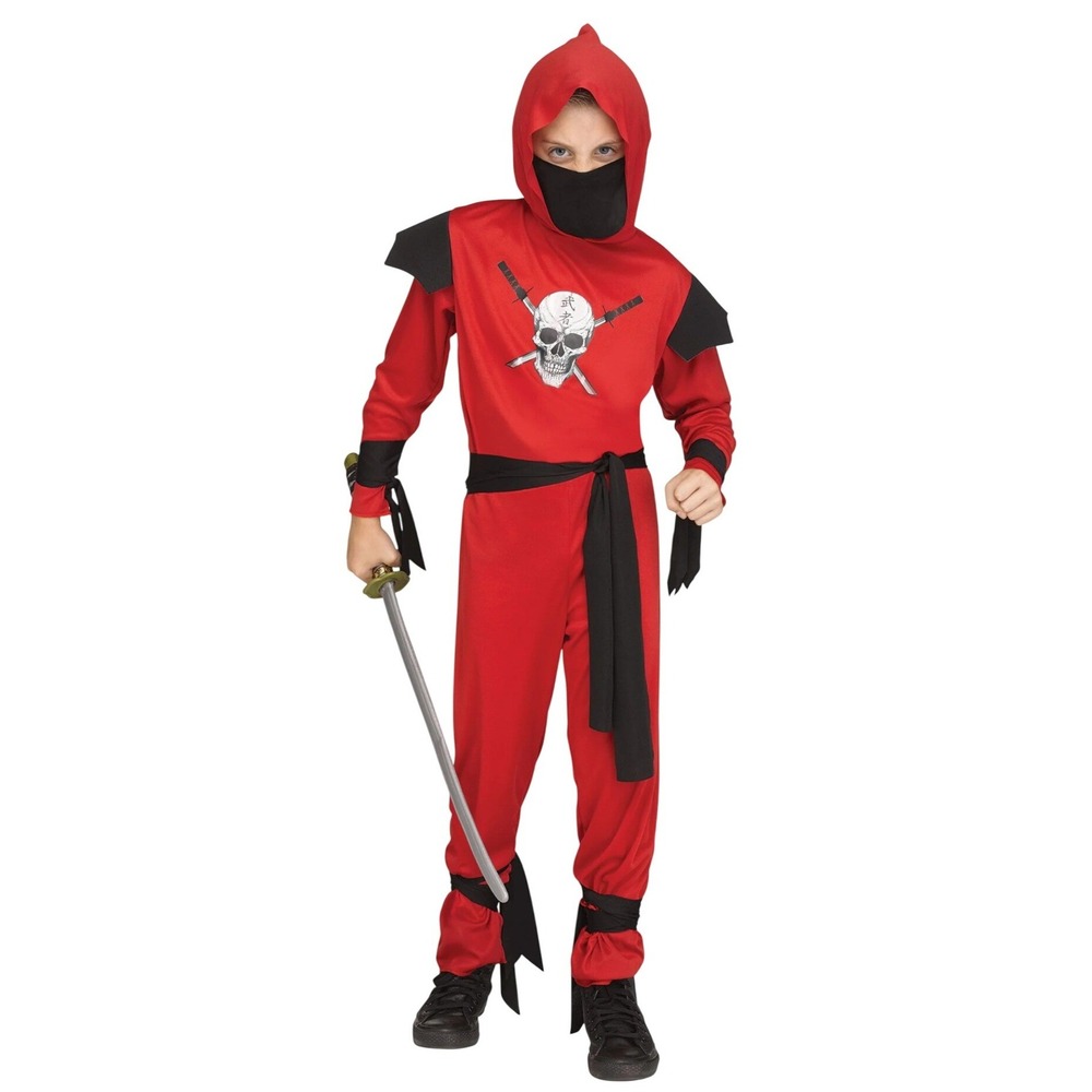 Fun World Skull Ninja Costume Boy Red Black Hooded Jumpsuit Mask Medium 8-10 NEW